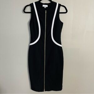 Calvin Klein Sleeveless Sheath Dress Size 2 Office Chic Black White Gold Zipper
